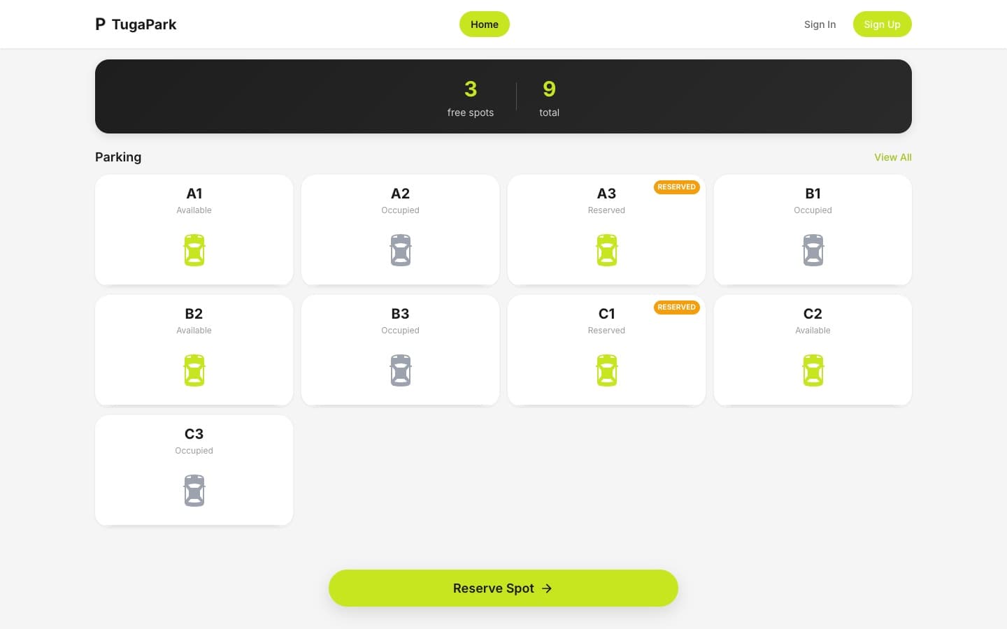 TugaPark web dashboard showing 3 of 9 parking spots free, with each spot marked as available, occupied or reserved, and a button to reserve a spot.
